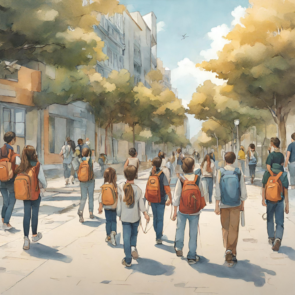 Dessins d'enfants en balade pédagogique dans une rue piétonne arborée.